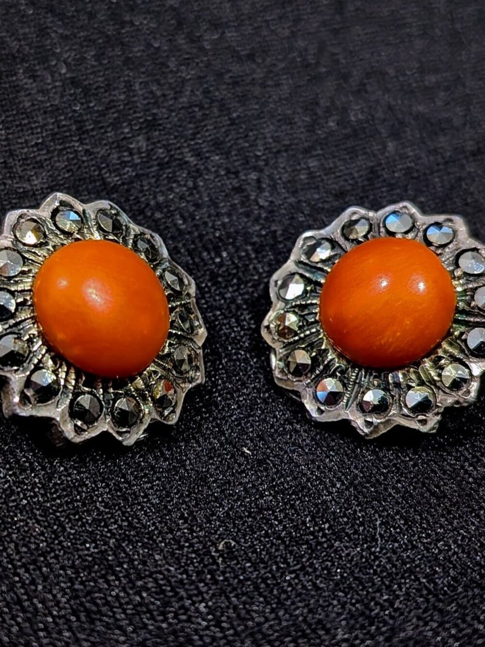 1930s vintage coral and marcasite clip-on earrings 925 silver stamped
